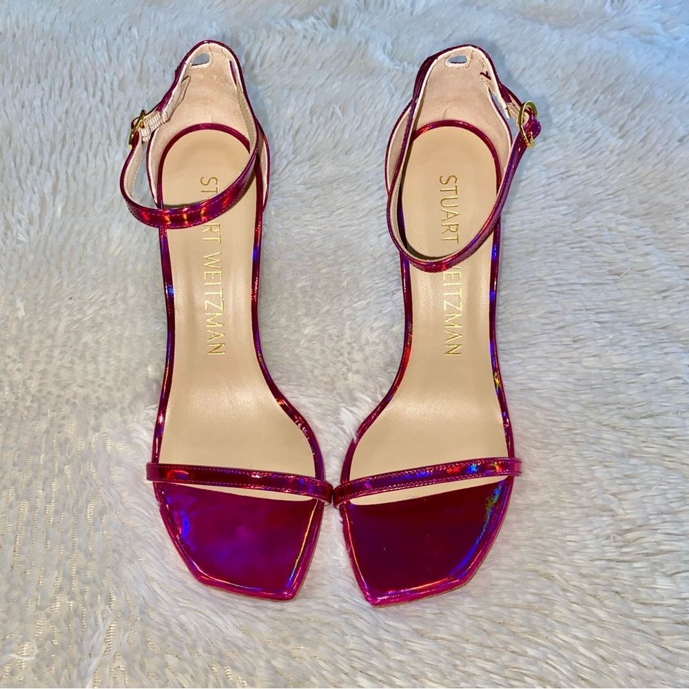 STUART WEITZMAN Sandal Nudist NEW Iridescent Patent Leather 4.5” Stiletto Pink 9 - Picture 9 of 16